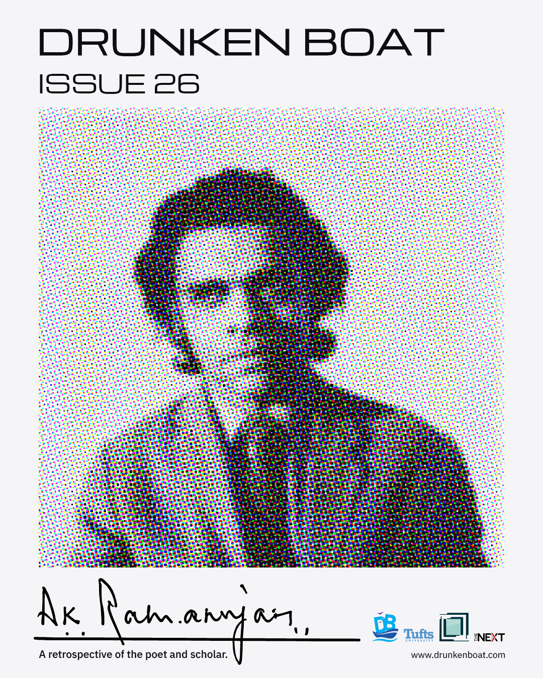 Drunken Boat Issue 26 poster featuring a halftone portrait of A.K. Ramanujan