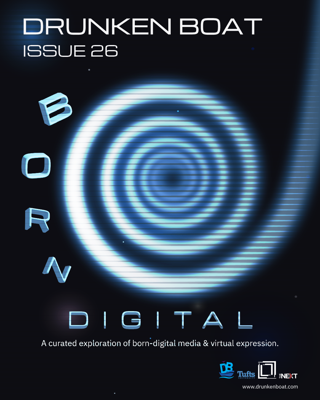 Drunken Boat Issue 26 Born Digital poster with a glowing spiral graphic